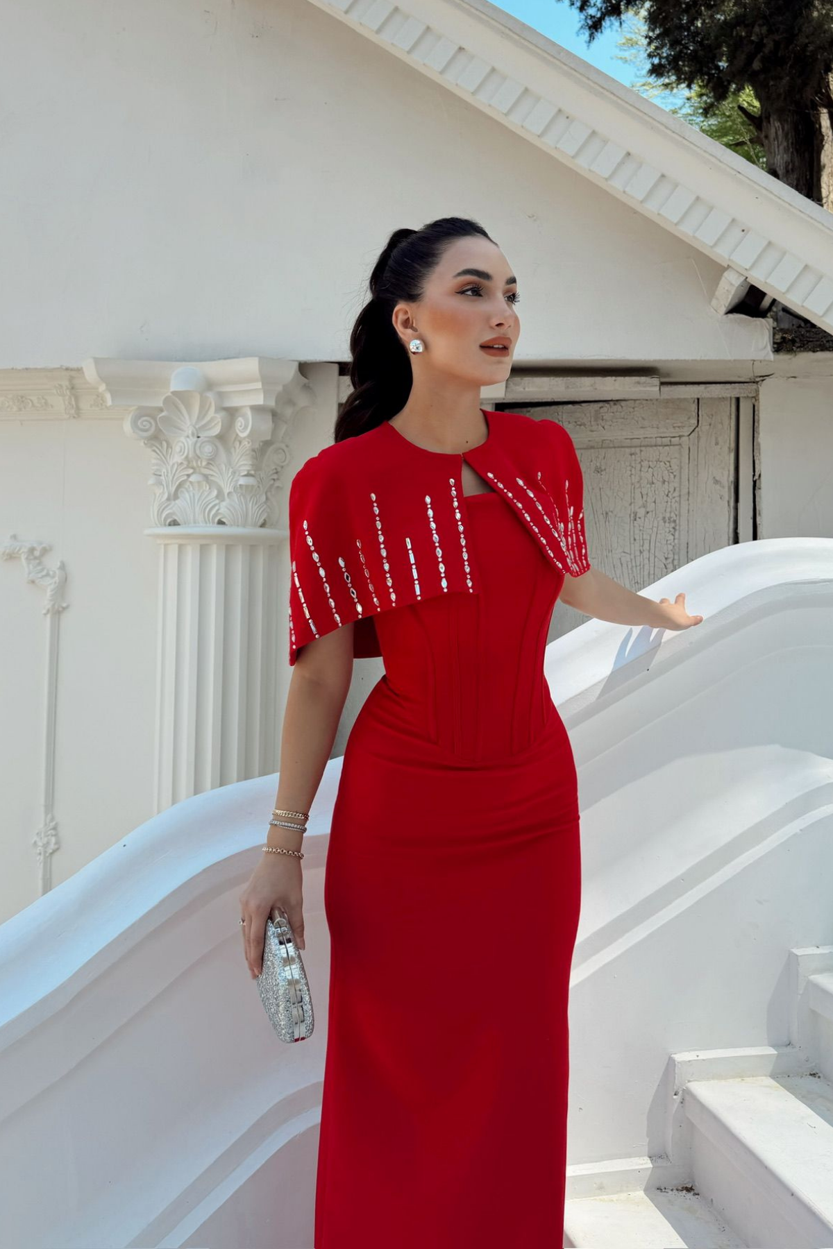 Helin Pelerin Detay Straplez Abiye 1204 KIRMIZI