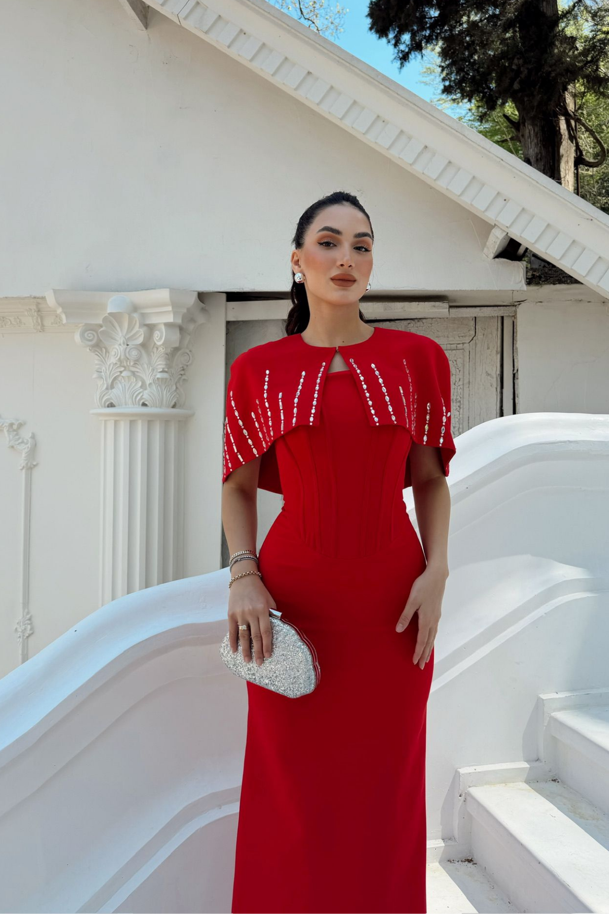 Helin Pelerin Detay Straplez Abiye 1204 KIRMIZI