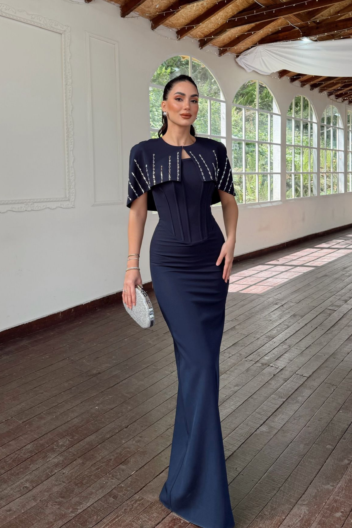 Helin Pelerin Detay Straplez Abiye 1204 LACİVERT