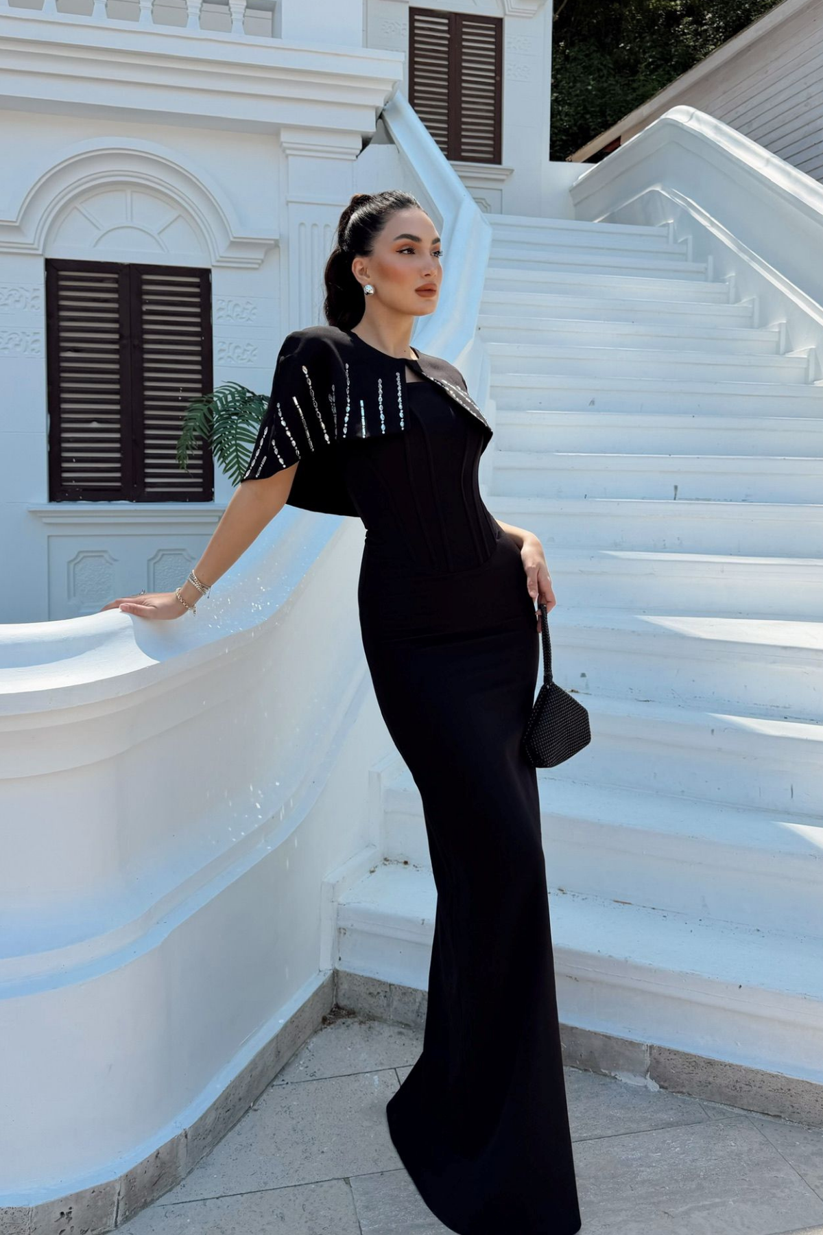 Helin Pelerin Detay Straplez Abiye 1204 SİYAH
