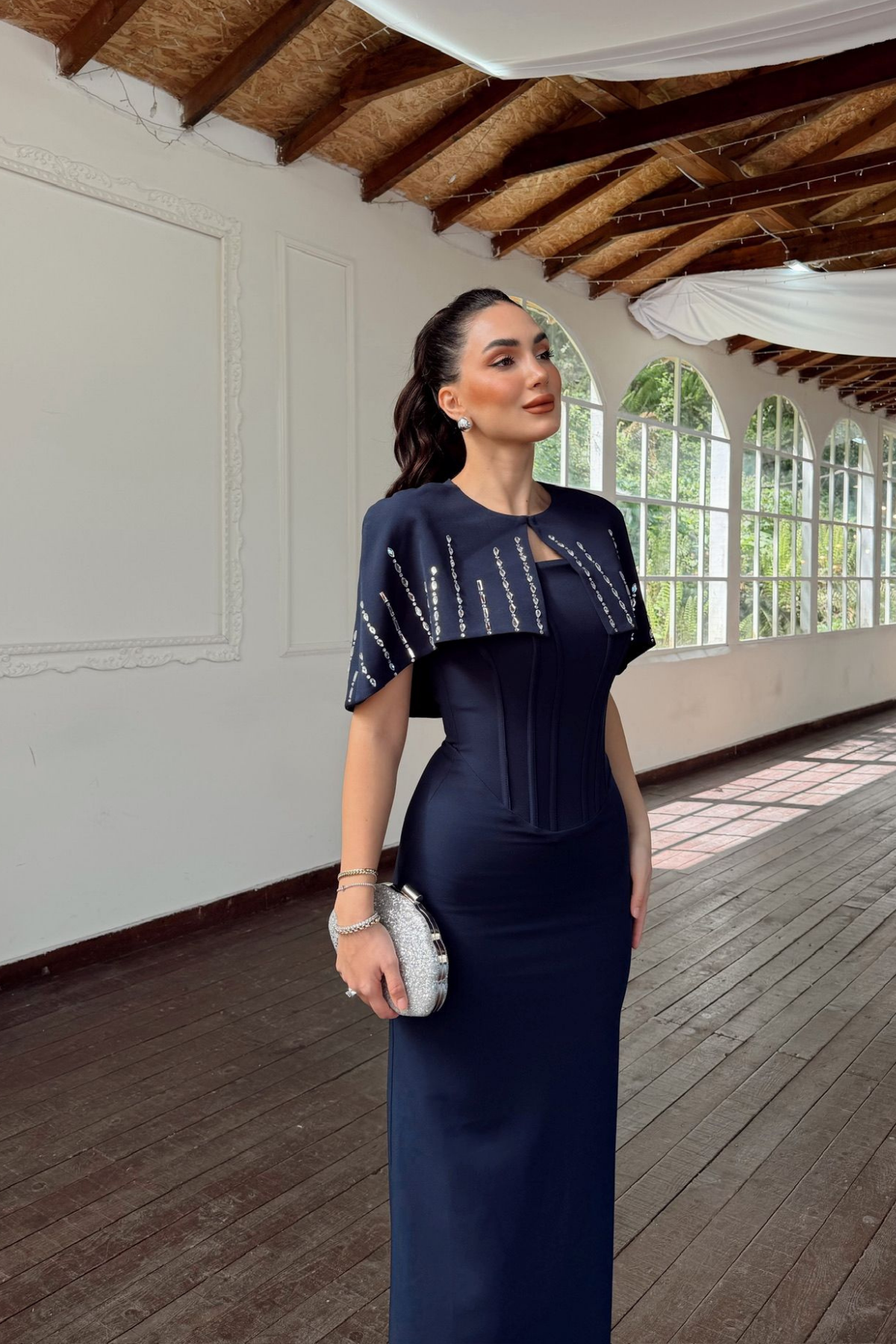 Helin Pelerin Detay Straplez Abiye 1204 LACİVERT