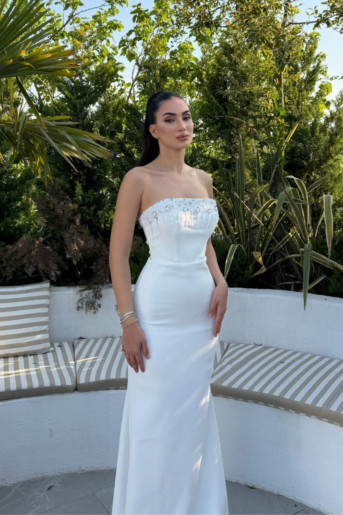 Ayda Straplez Taş İşlemeli Abiye 1059 BEYAZ