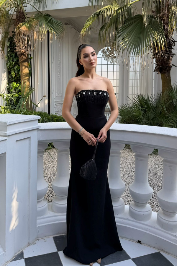 Ayda Straplez Taş İşlemeli Abiye 1059 SİYAH