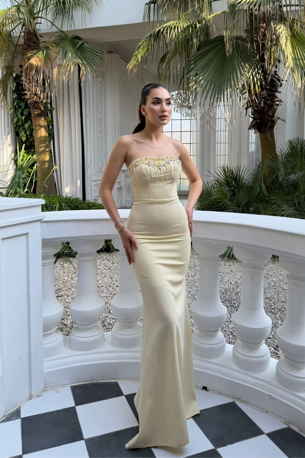 Ayda Straplez Taş İşlemeli Abiye 1059 SARI