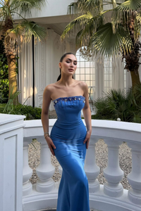 Ayda Straplez Taş İşlemeli Abiye 1059 MAVİ