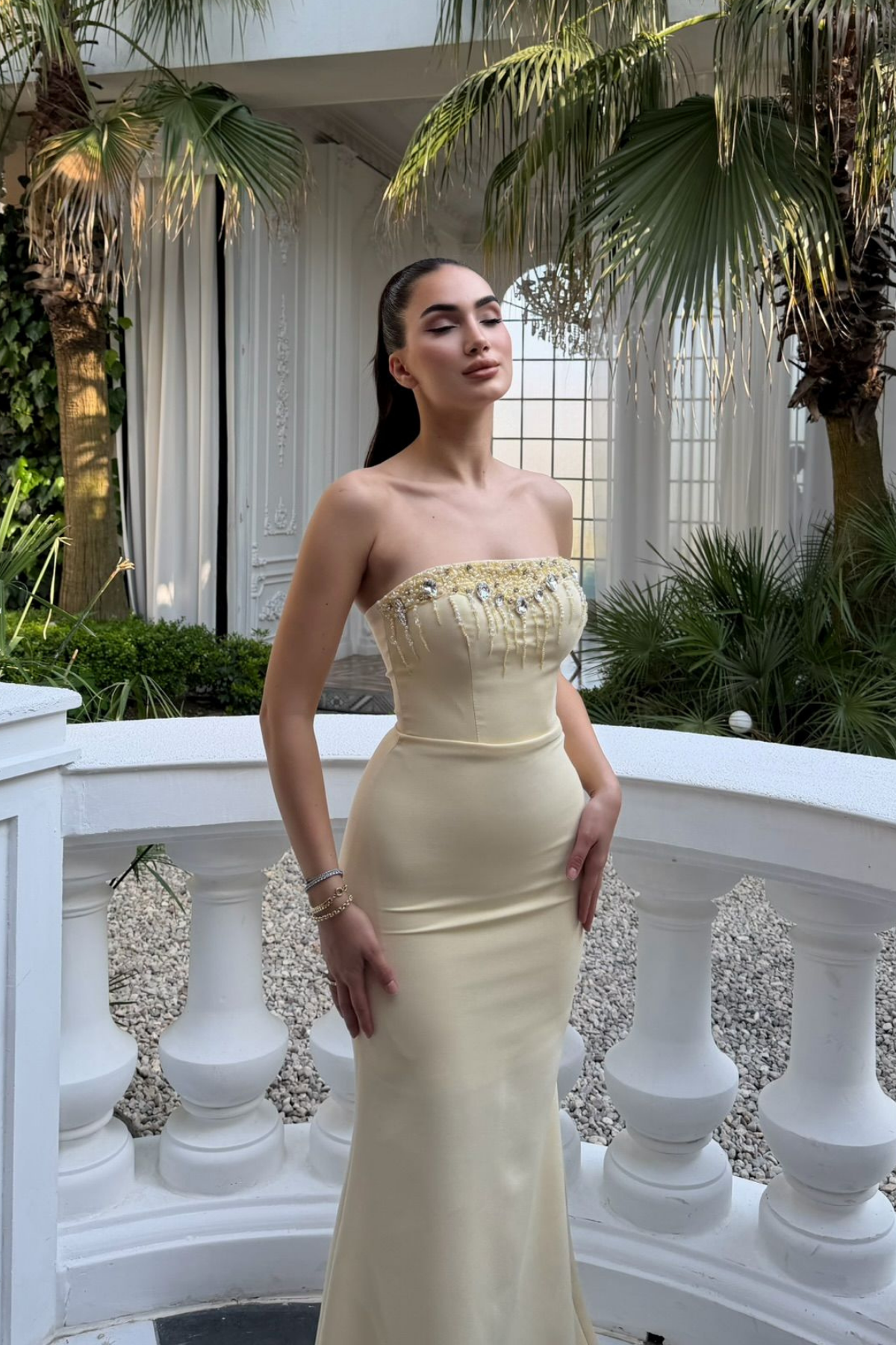 Ayda Straplez Taş İşlemeli Abiye 1059 SARI