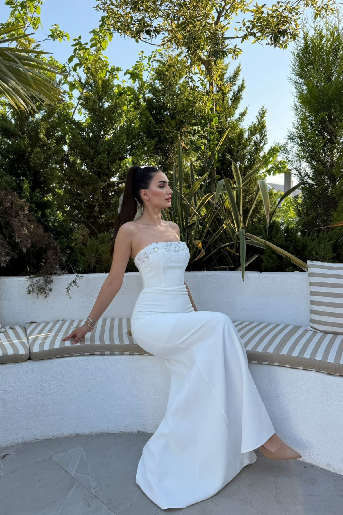 Ayda Straplez Taş İşlemeli Abiye 1059 BEYAZ