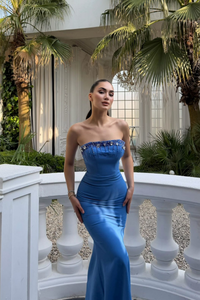 Ayda Straplez Taş İşlemeli Abiye 1059 MAVİ