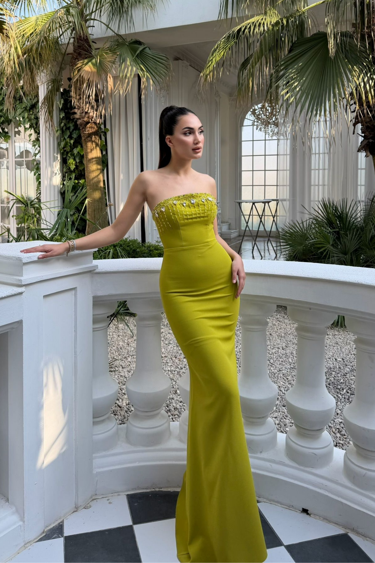Ayda Straplez Taş İşlemeli Abiye 1059 YAĞ YEŞİLİ