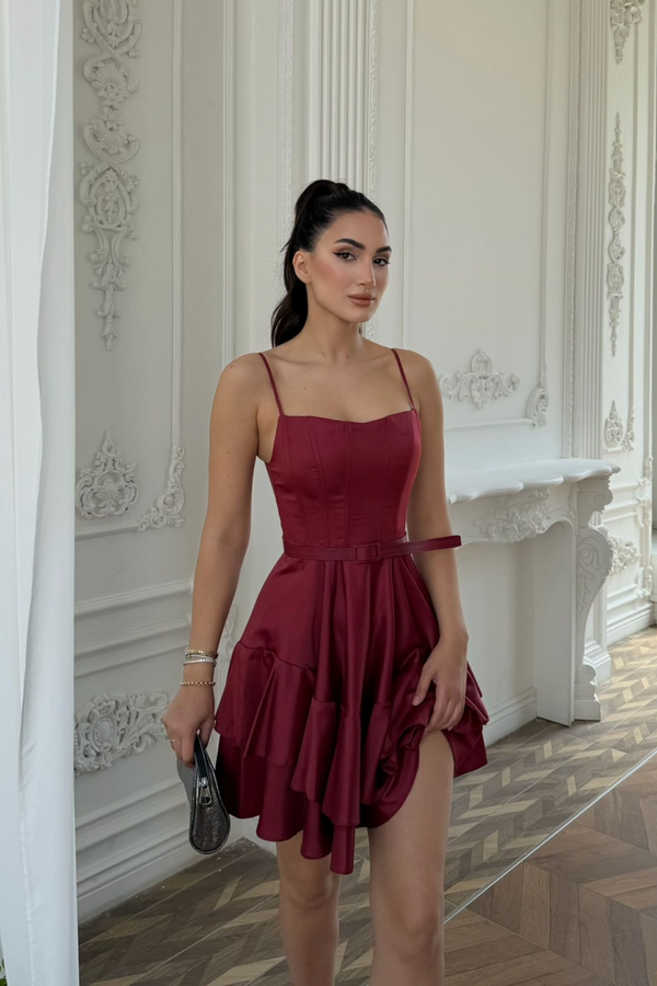 İlgi Kemer Detay Mini Askılı Elbise 2004 BORDO