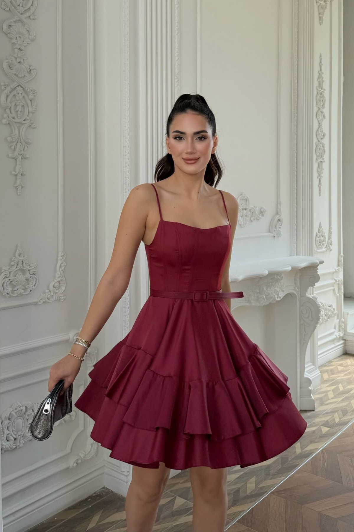 İlgi Kemer Detay Mini Askılı Elbise 2004 BORDO