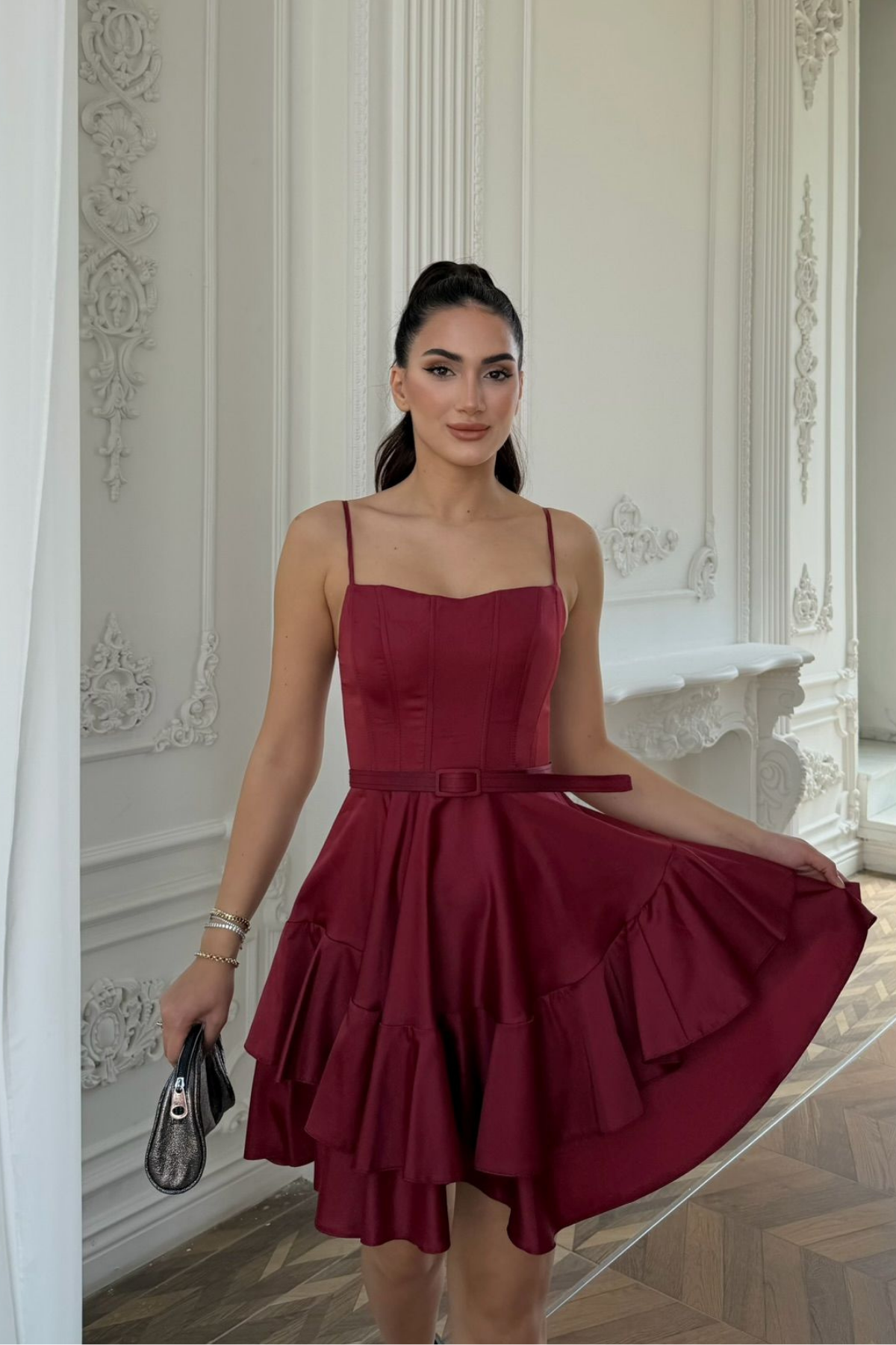 İlgi Kemer Detay Mini Askılı Elbise 2004 BORDO