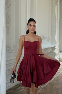 İlgi Kemer Detay Mini Askılı Elbise 2004 BORDO