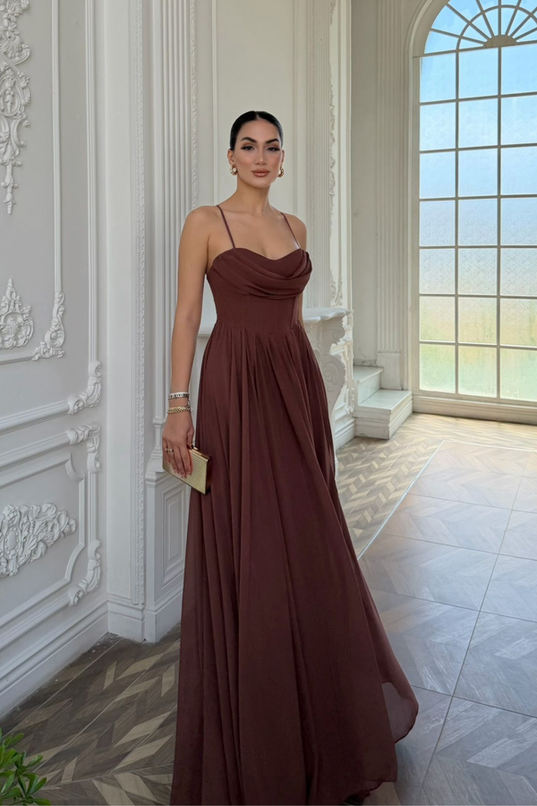 İlke İp Askılı Degaje Yaka Şifon Abiye 2003 KAHVERENGİ