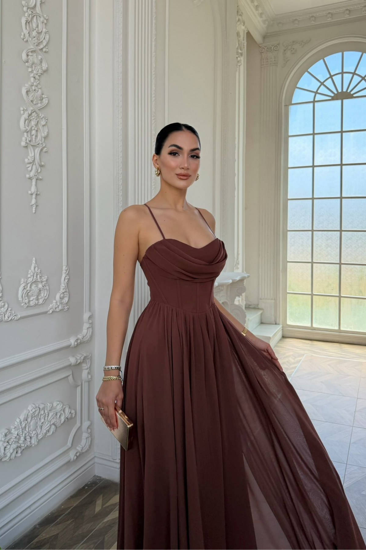 İlke İp Askılı Degaje Yaka Şifon Abiye 2003 KAHVERENGİ