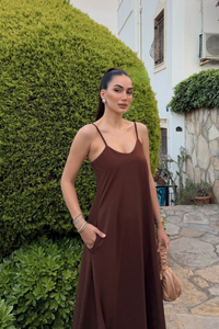İlkim İp Askılı Aurobin Midi Elbise 7110 KAHVERENGİ