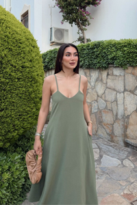 İlkim İp Askılı Aurobin Midi Elbise 7110 HAKİ YEŞİLİ