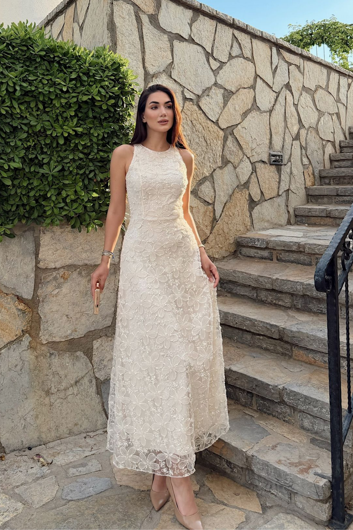 İmge Pul İşlemeli Kolsuz Midi Elbise 00939 KREM