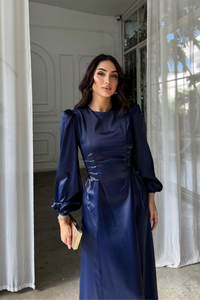 Irmak Yan Bağlama Detay Uzun Abiye 9360 LACİVERT