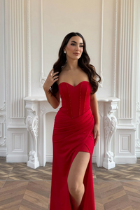 İsabel Straplez Detay Boncuklu Abiye 4995 KIRMIZI
