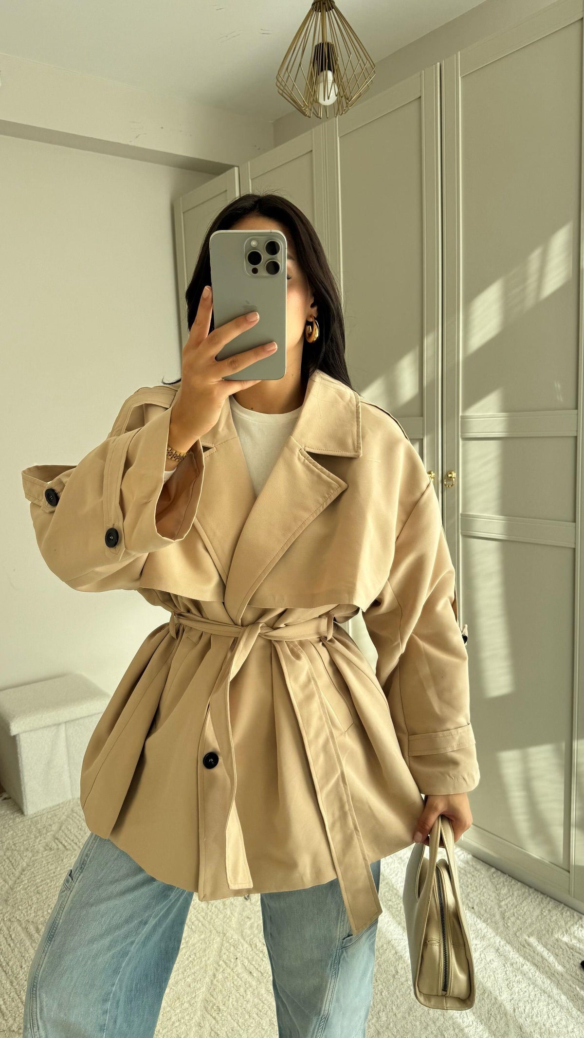 Jena Oversize Kuşaklı Düğmeli Trençkot 2635 BEJ