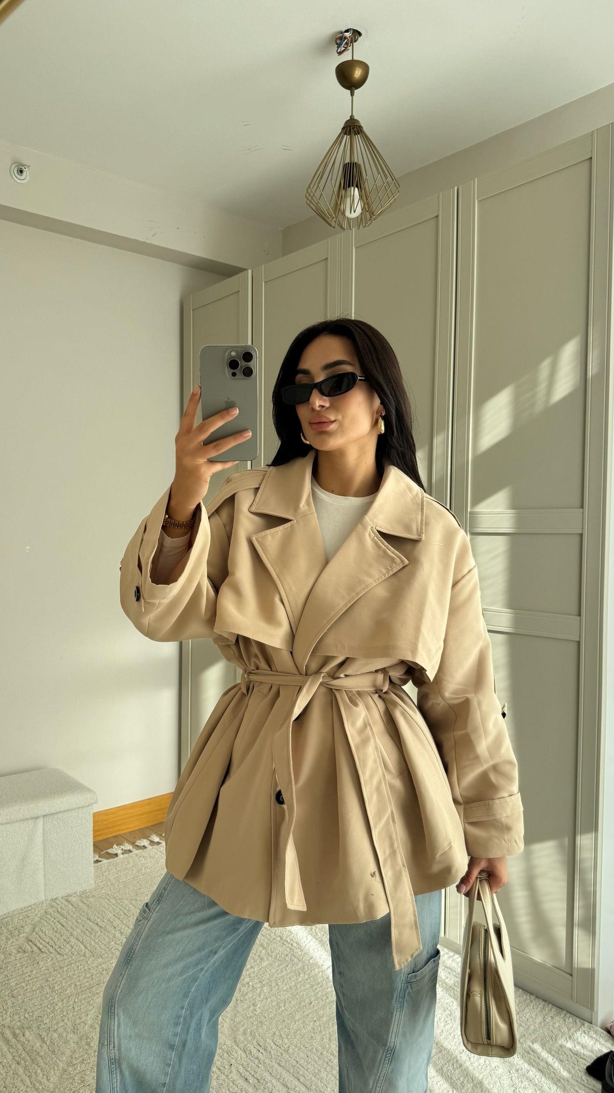 Jena Oversize Kuşaklı Düğmeli Trençkot 2635 BEJ