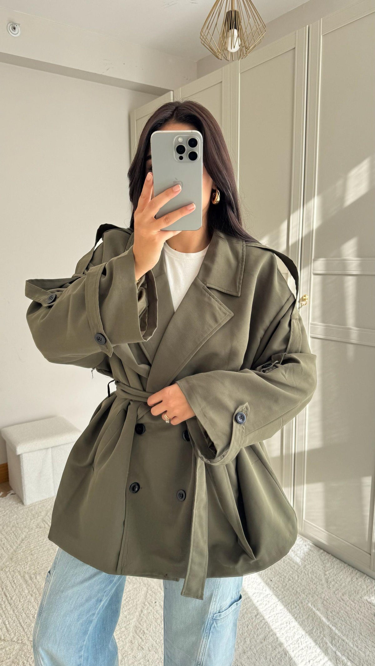Jena Oversize Kuşaklı Düğmeli Trençkot 2635 HAKİ