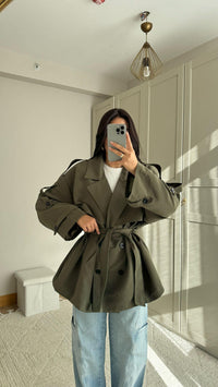Jena Oversize Kuşaklı Düğmeli Trençkot 2635 HAKİ