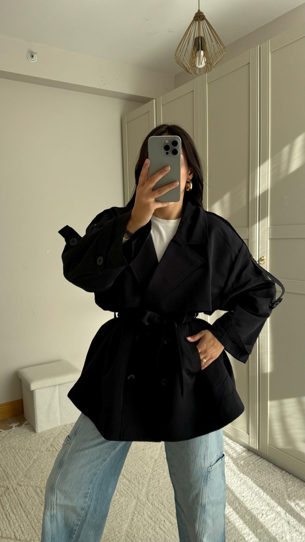 Jena Oversize Kuşaklı Düğmeli Trençkot 2635 SİYAH