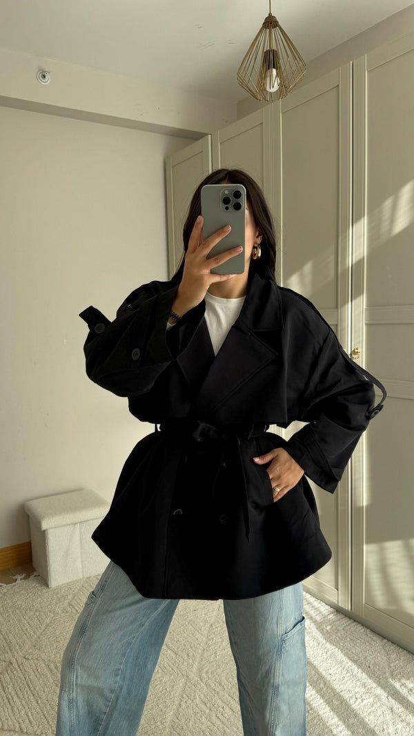 Jena Oversize Kuşaklı Düğmeli Trençkot 2635 SİYAH