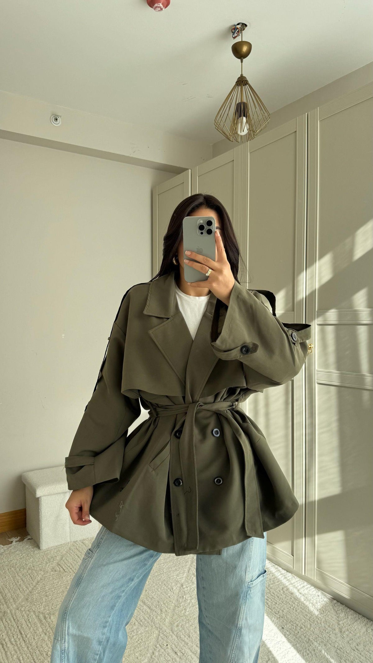 Jena Oversize Kuşaklı Düğmeli Trençkot 2635 HAKİ