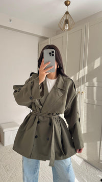 Jena Oversize Kuşaklı Düğmeli Trençkot 2635 HAKİ