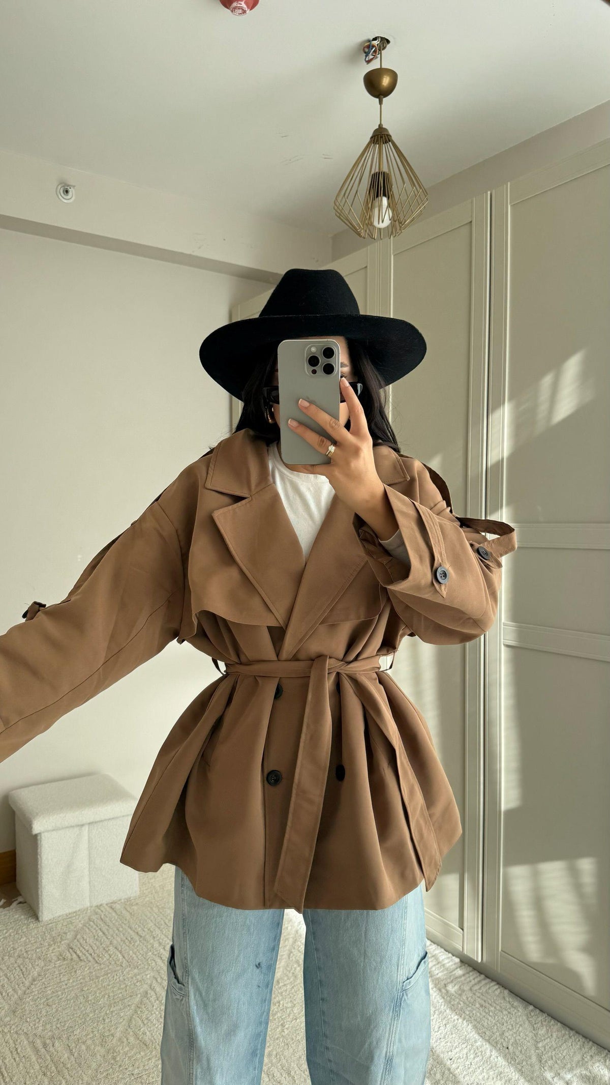 Jena Oversize Kuşaklı Düğmeli Trençkot 2635 CAMEL