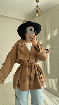 Jena Oversize Kuşaklı Düğmeli Trençkot 2635 CAMEL