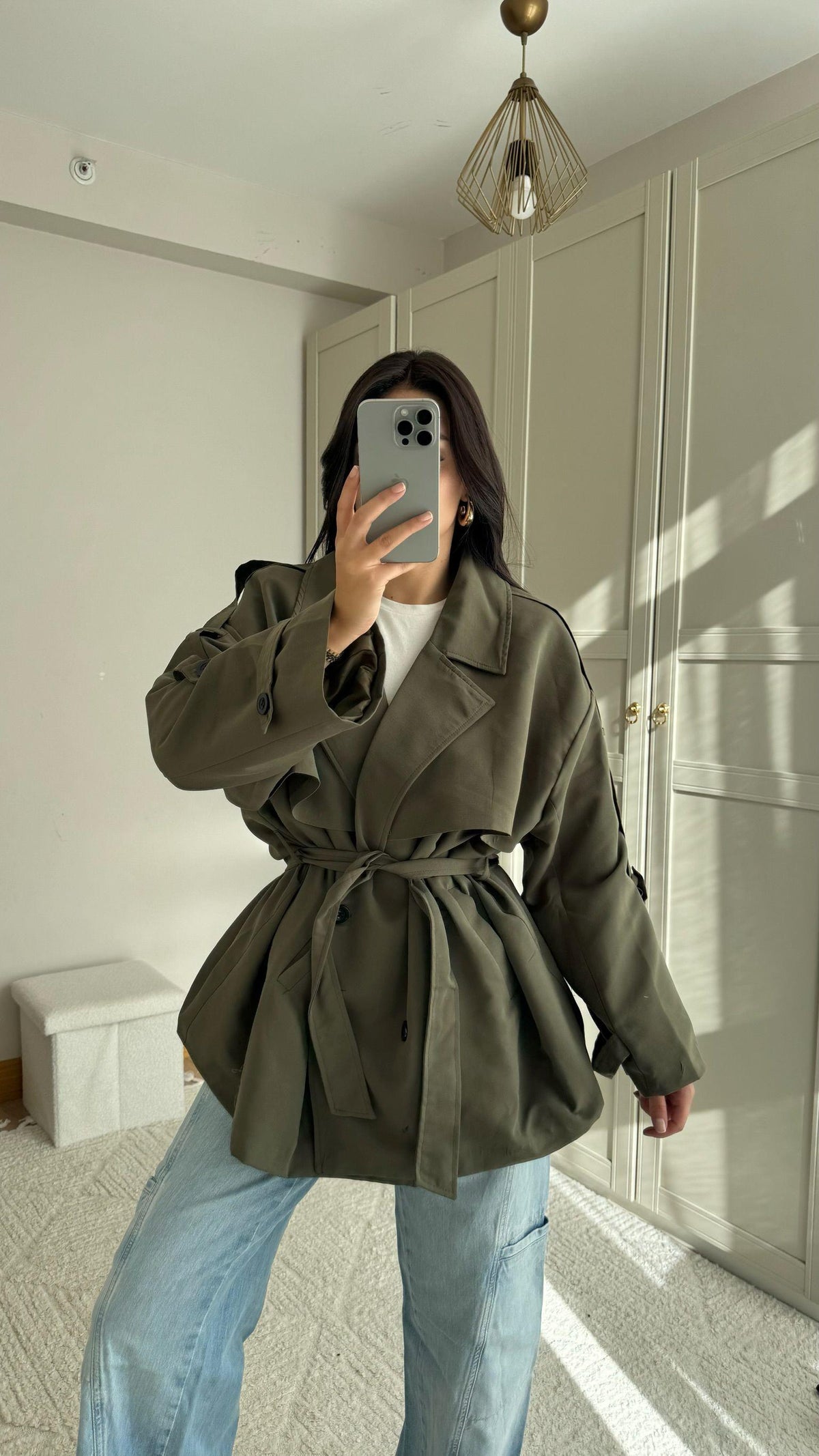 Jena Oversize Kuşaklı Düğmeli Trençkot 2635 HAKİ
