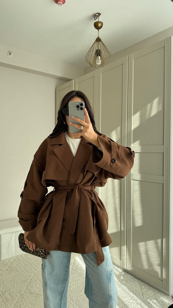 Jena Oversize Kuşaklı Düğmeli Trençkot 2635 ACI KAHVE