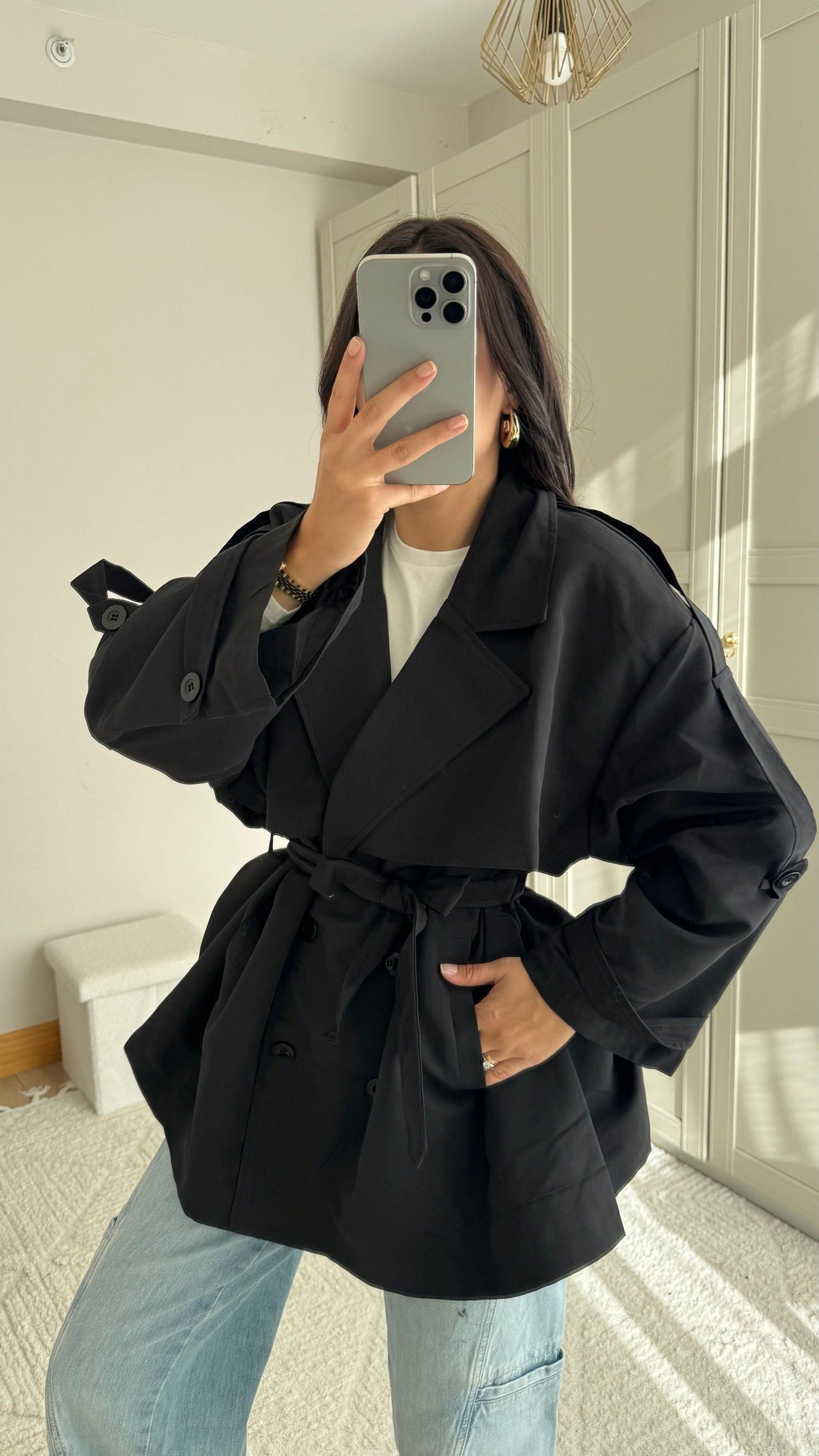 Jena Oversize Kuşaklı Düğmeli Trençkot 2635 SİYAH