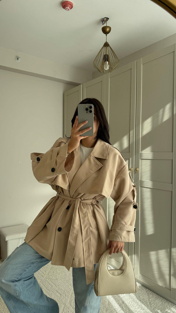 Jena Oversize Kuşaklı Düğmeli Trençkot 2635 BEJ