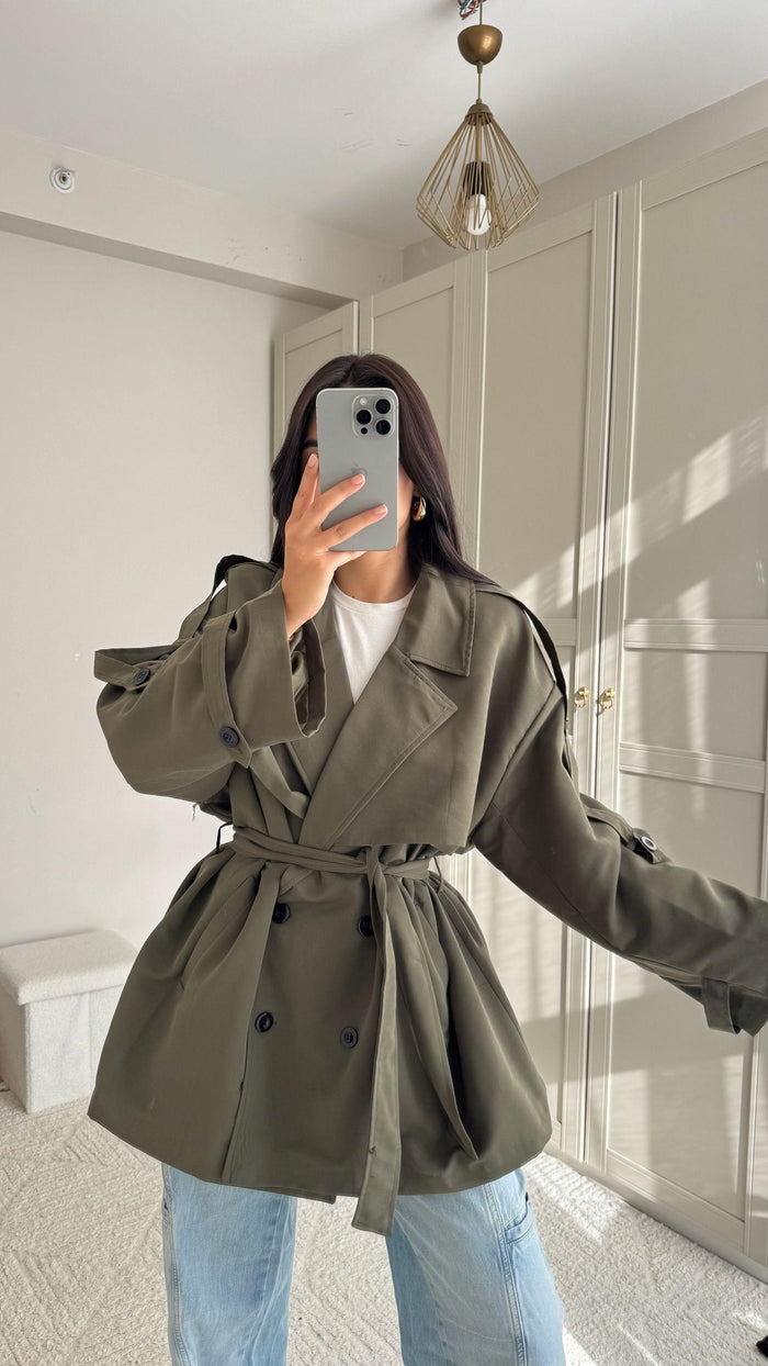 Jena Oversize Kuşaklı Düğmeli Trençkot 2635 HAKİ