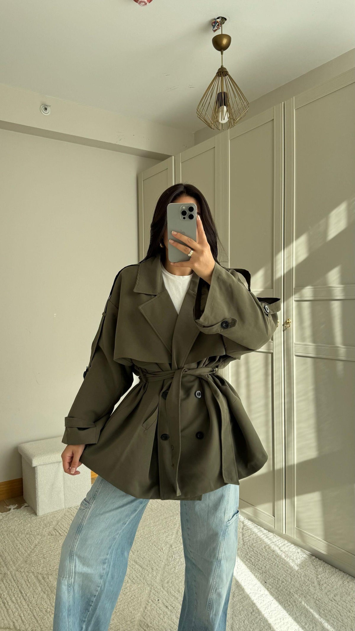 Jena Oversize Kuşaklı Düğmeli Trençkot 2635 HAKİ