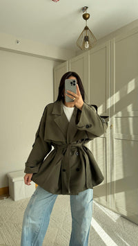 Jena Oversize Kuşaklı Düğmeli Trençkot 2635 HAKİ