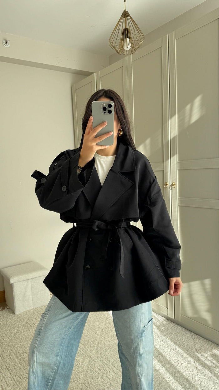 Jena Oversize Kuşaklı Düğmeli Trençkot 2635 SİYAH