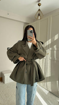 Jena Oversize Kuşaklı Düğmeli Trençkot 2635 HAKİ