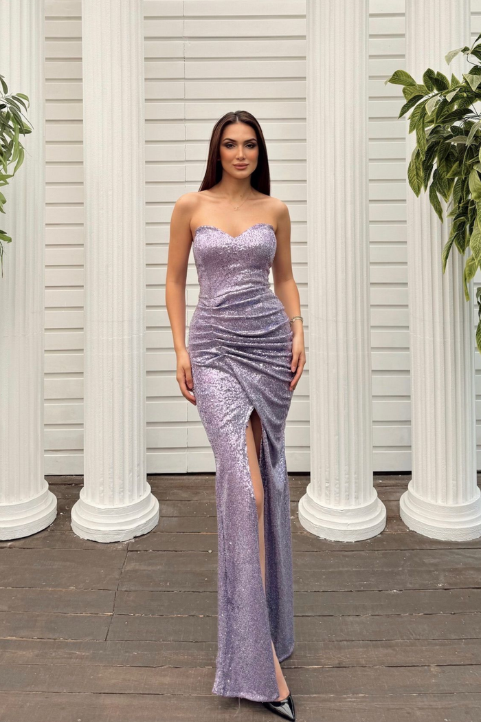Jules Straplez Yırtmaçlı Payet Abiye 583164 LİLA