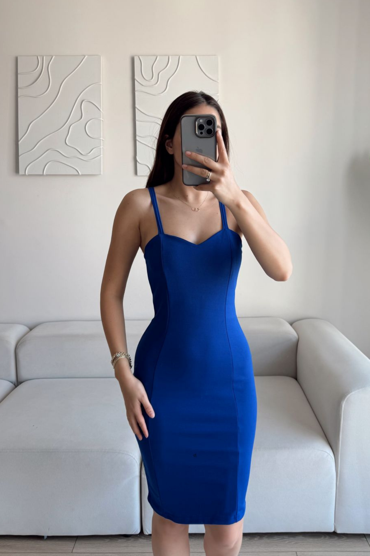 Kalın Askılı Kalem Elbise 581812 SAKS MAVİSİ E10X