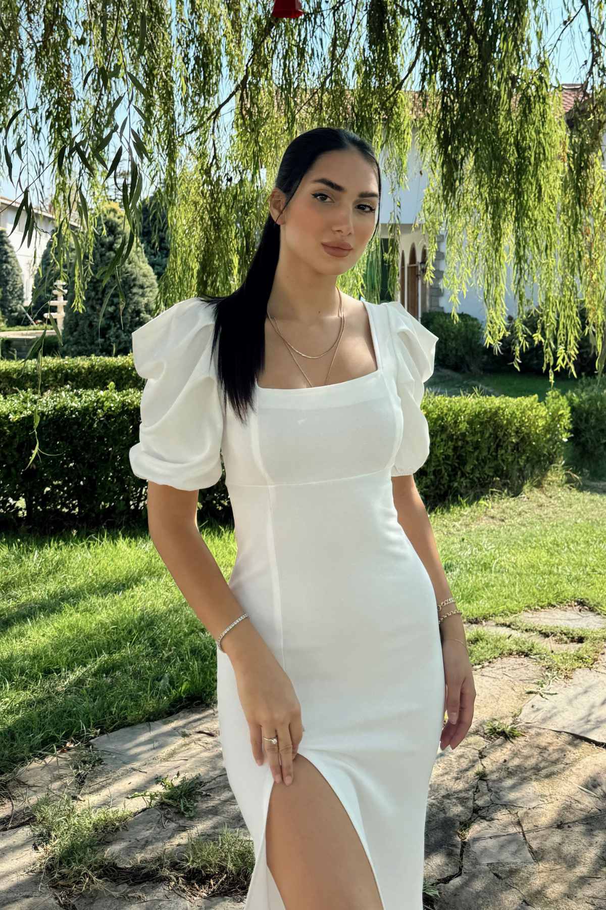 Kare Yaka Kol Pileli Elbise BEYAZ J3X