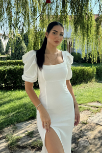 Kare Yaka Kol Pileli Elbise BEYAZ J3X
