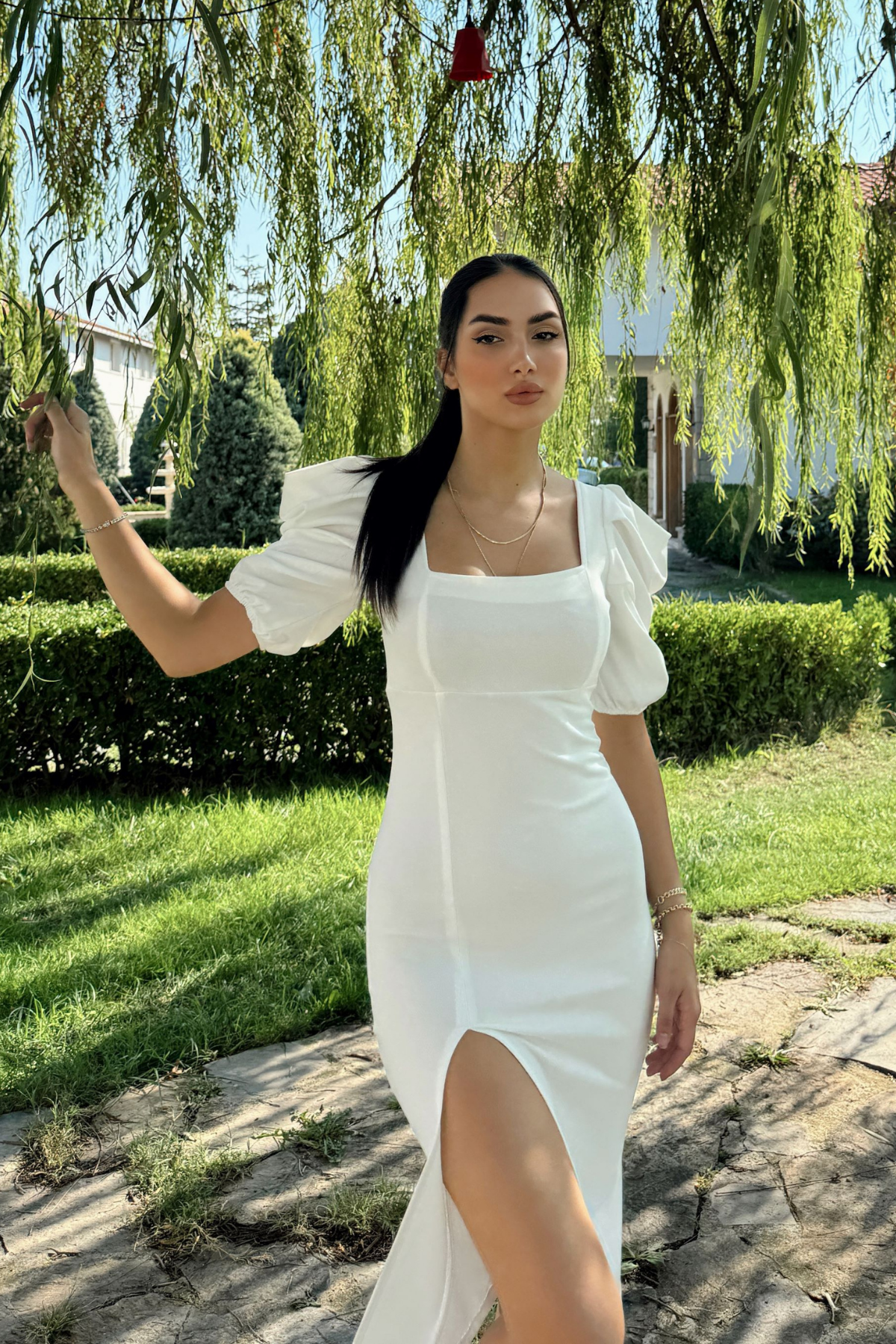 Kare Yaka Kol Pileli Elbise BEYAZ J3X