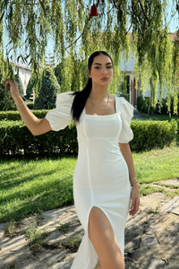 Kare Yaka Kol Pileli Elbise BEYAZ J3X
