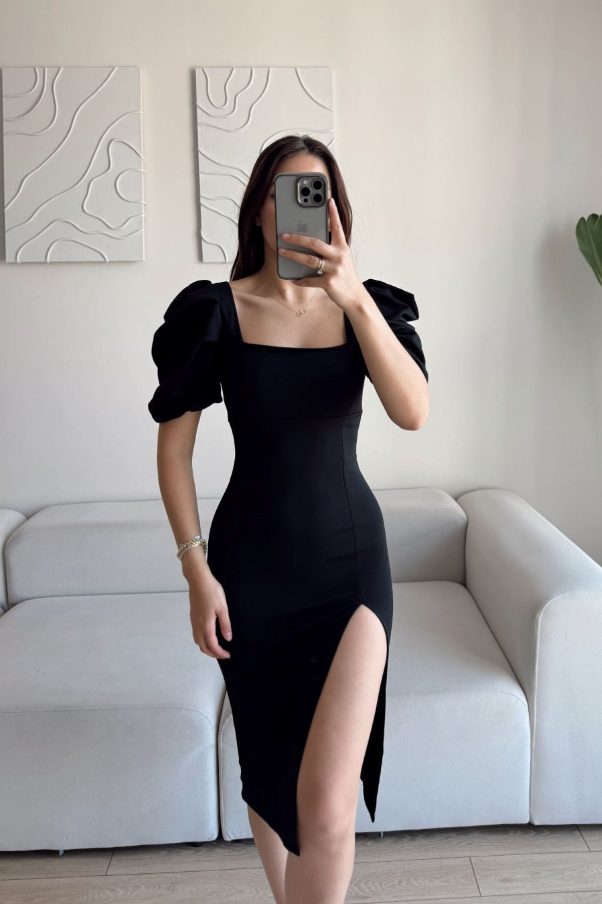 Kare Yaka Kol Pileli Elbise SİYAH J3X